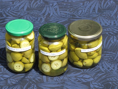 Trois pots de noix-cornichons.