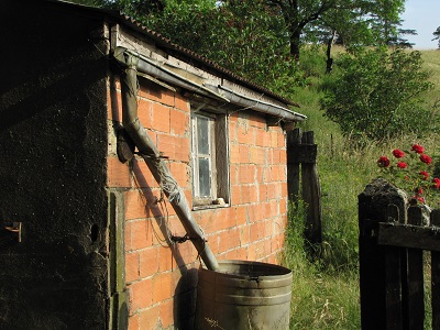 Gouttière et mur de brique.