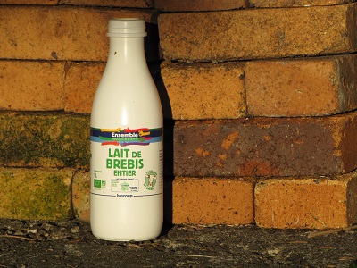 Bouteille de lait sur fond de briques orange.