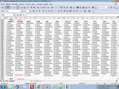 Calendrier sur fichier tableur.